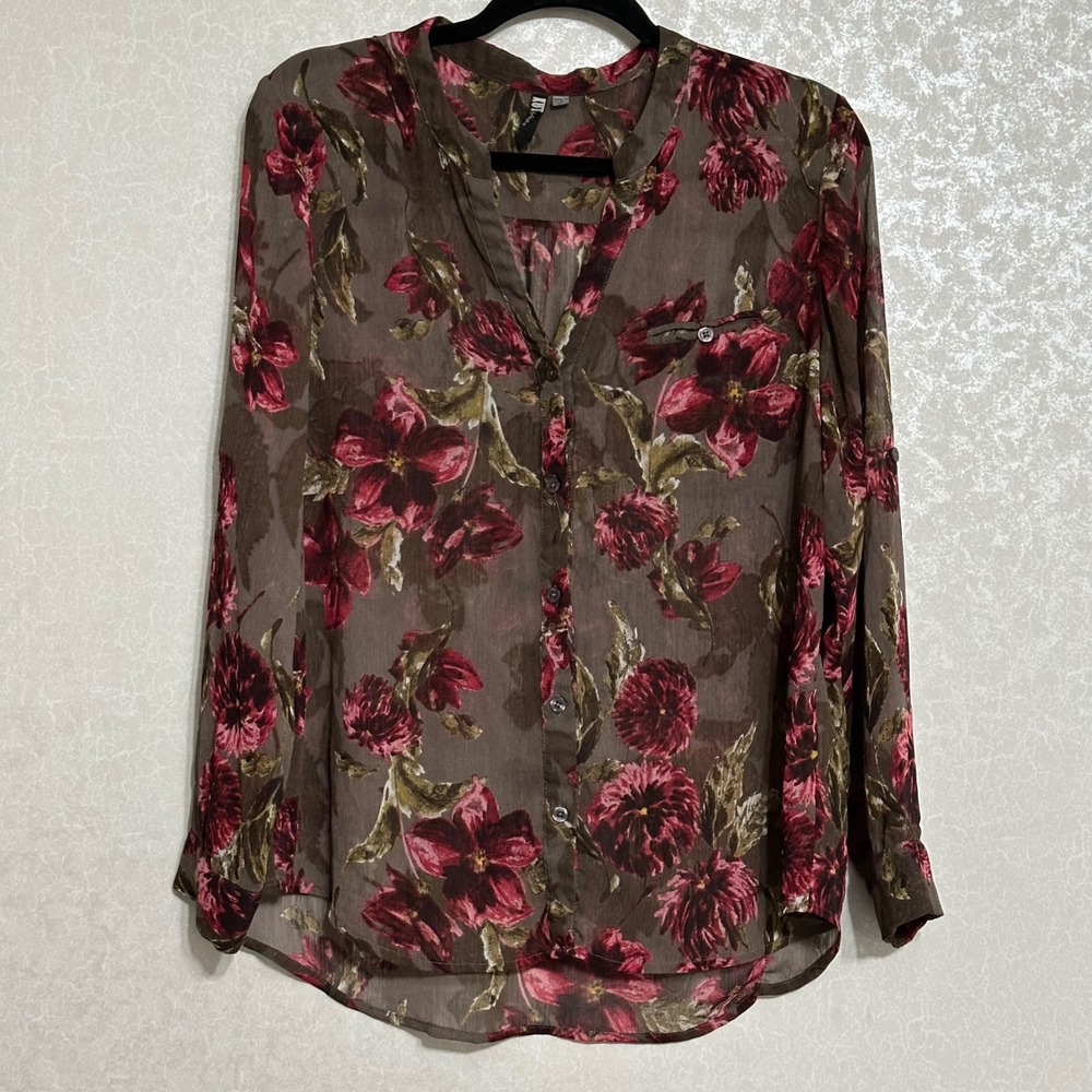 KUT from the Kloth Floral Button Down Blouse Sheer Long Sleeve Brown Red Boho LP
